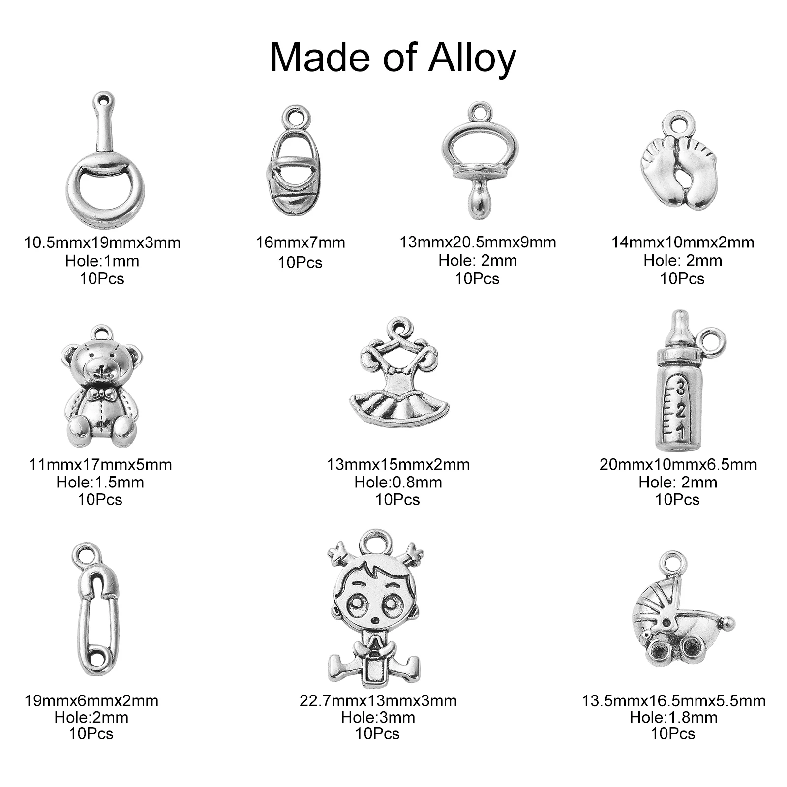 100Pcs 10 Styles Baby Theme Charms Baby Girl Carriage Footprint Charms Tibetan Baby for Mother's Day Jewelry Making Crafting