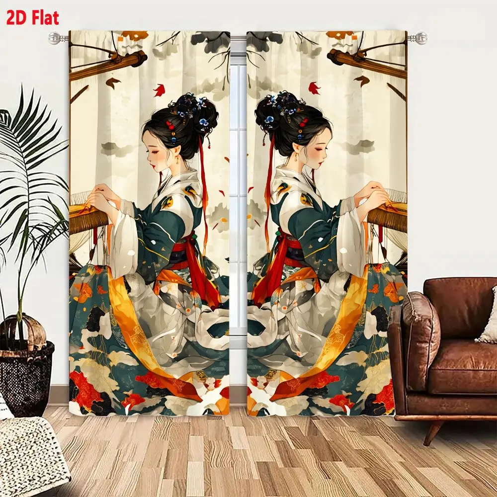 2Pcs Curtains 2D Flat Symmetrical Mirrored Illustration Of Two Women In Traditional East Asian Hanfu Attire Weaving On Looms Wit