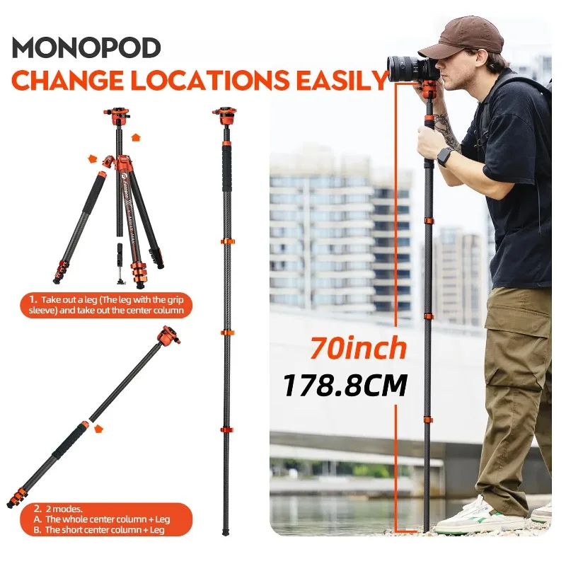 Fotopro 166CM Carbon Fiber Travel Tripod with Super Large Ball Head Flip Lock X-AIRFLY Max