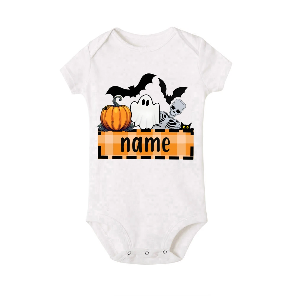 Custom Name Ghost&Pumpkin Print Baby Romper Personalize Short Sleeve Infant Bodysuit Halloween Holiday Newborn Clothes Best Gift