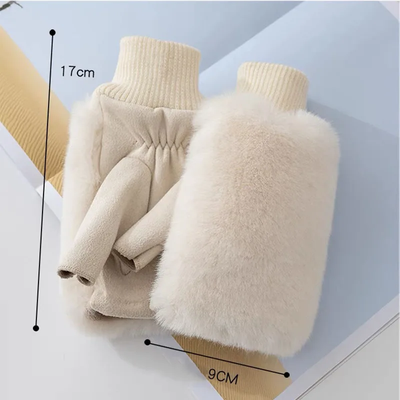 Cute Student Faux Rabbit Fur Suede Leather Half Finger Gloves For Sports Outdoor Driving Touch Screen Soft Women Winter Warm