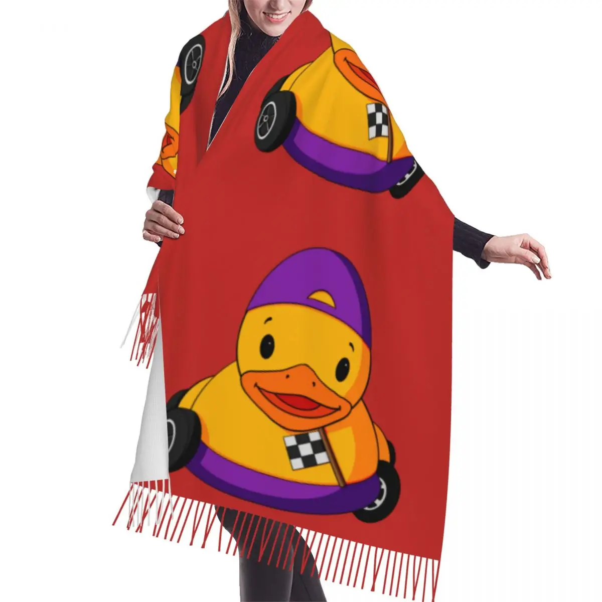 

Custom Lady Long Car Racing Rubber Duck Scarves Women Winter Soft Warm Tassel Shawl Wraps Scarf