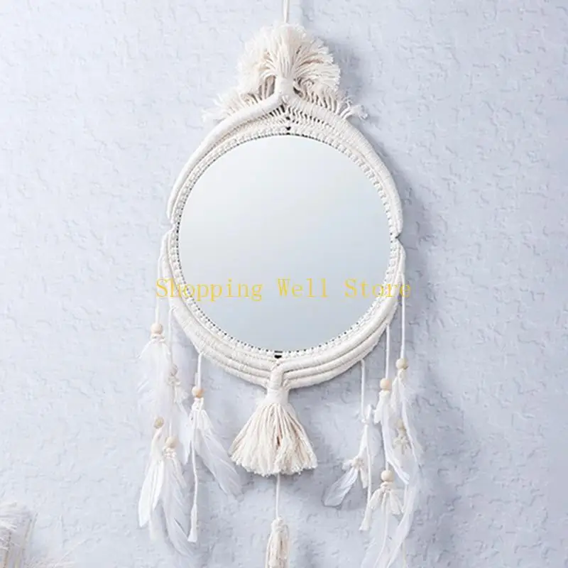 KX4B Handmade Cotton Rope Long Tassel Macrame Wall Mirror Makeup Lighted Compact Wall Hanging Decorative Mirror