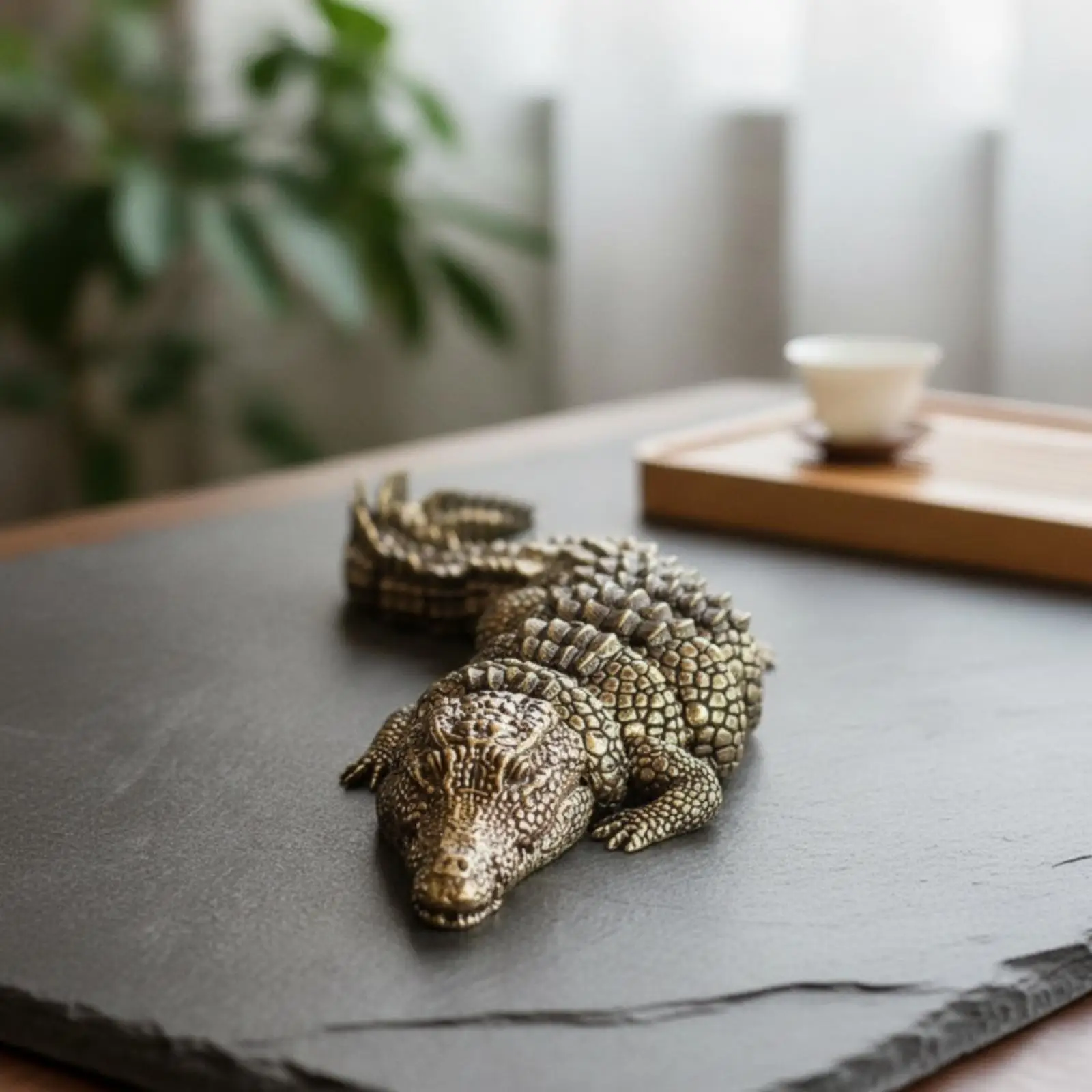 Brass Decorative Sculpture Reptile Crocodile Figurine Articulated Tail Desk Statue for Living Room Home Decoration