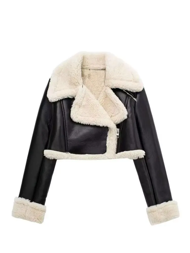 HH Women Faux Leather Thicken Short Jacket Vintage Front Zipper Lapel Long Sleeve Coat Winter Women Warm Casual Outerwear