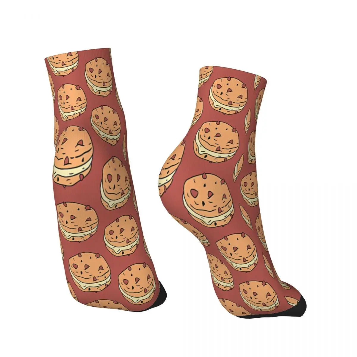 Red Background Cartoon Chocolate Cookies Cookie Ankle Socks Male Mens Women Winter Stockings Polyester