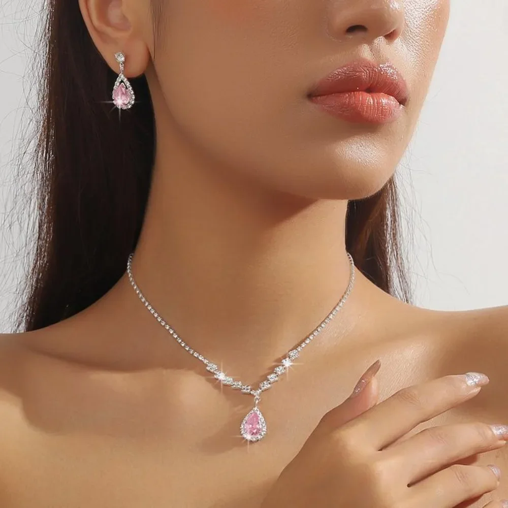 

Cute Charm Fashion Pink Water Drop Crystal Necklace Earring Set for Women Exquisite Zircon Wedding Bride Zircon Jewelry Set Gift