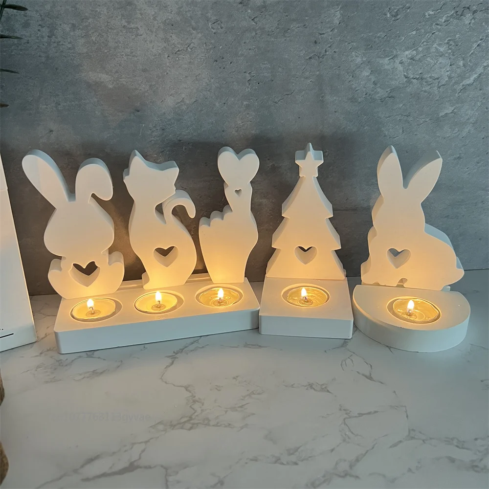 Christmas Tree Candle Holder Silicone Mold Ornaments Bear/rabbit/cat Candlestick Concrete Mould DIY Aromatherapy Gypsum Mould