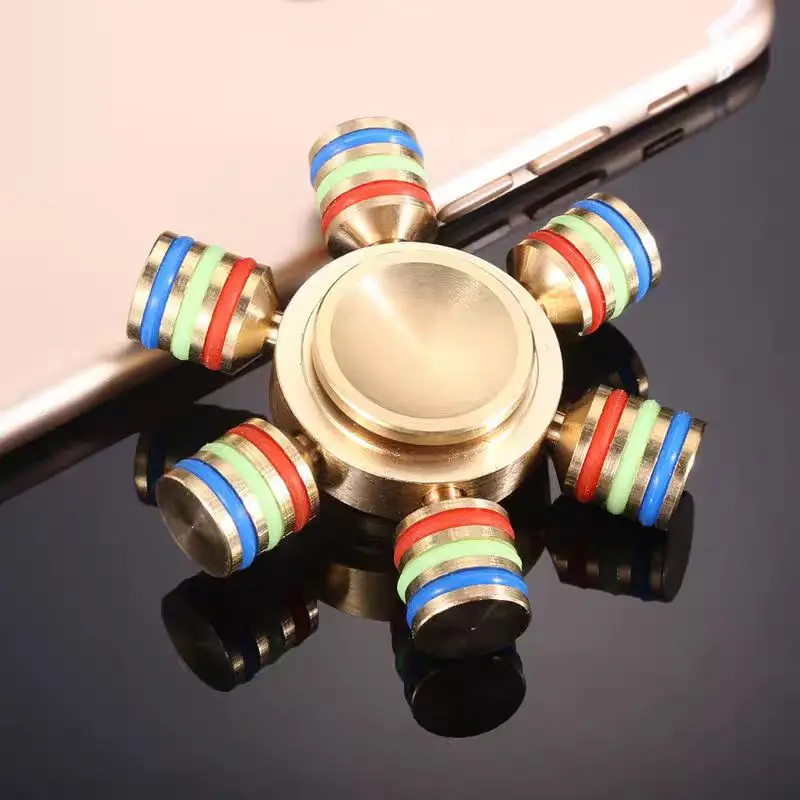 Polished Brass Six Prong Hand Spinner Color Ring Counterweight Long Spin Stress Calming Office Daily Desktop Ornament Supply