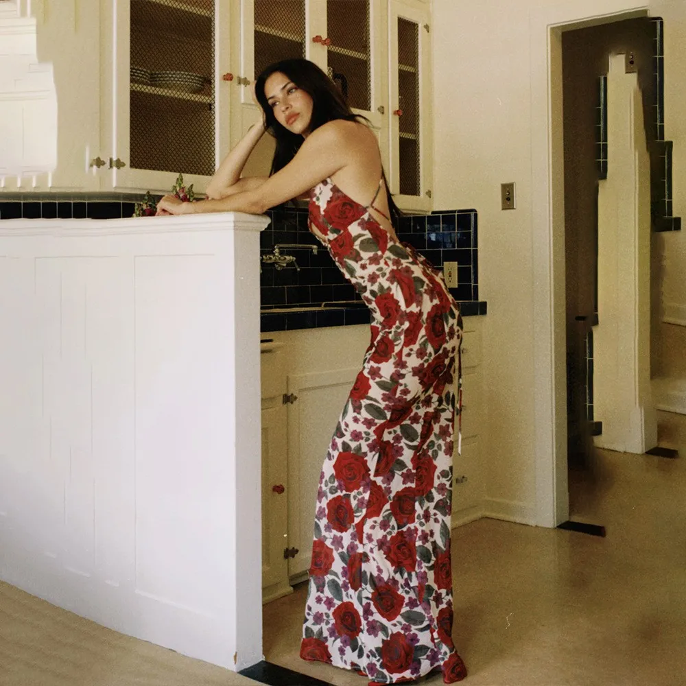 

Red Rose Print Sleeveless Party Dress Women Sexy V-neck Backless Leace-up Package Hip Slim Long Dresses Streetwear Lady Vestidos