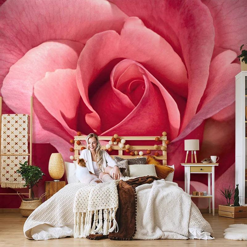 ورق حائط وردي أمريكي شبكي على شكل زهرة حمراء لغرفة المعيشة وخلفية تلفزيون جدارية ورق حائط على شكل زهرة كبيرة غير ملحومة