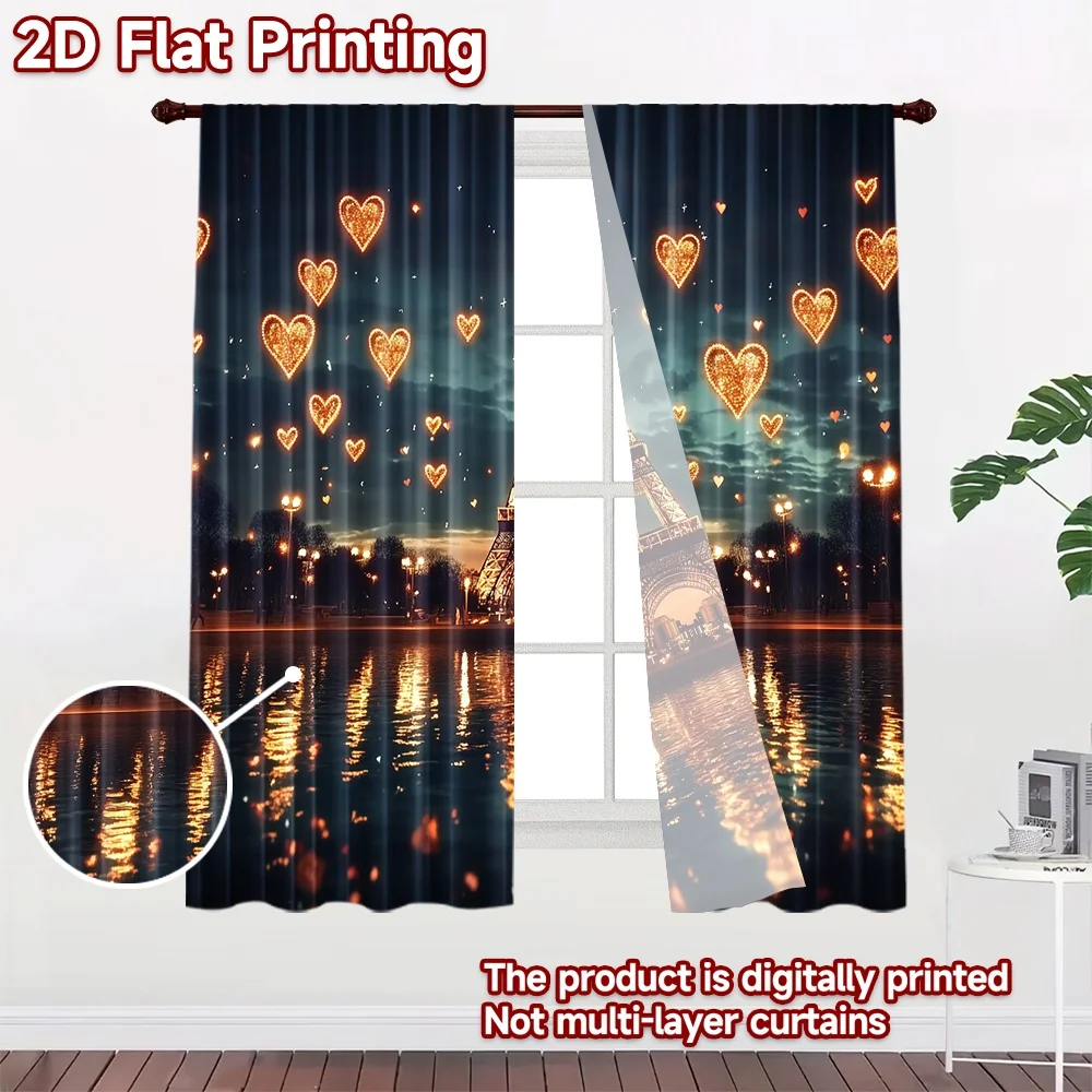 2D flat 2pcs Curtain Home Short Curtains Valentine Eiffel Heart Durable polyester fiber Holiday Decorations for Booths Studio