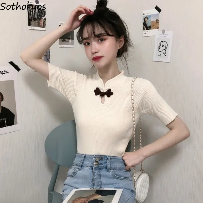 

T-shirts Women Chinese Style Simple Button Fashion New Designed Knitting All-match Vintage Leisure Students Temperament Tender