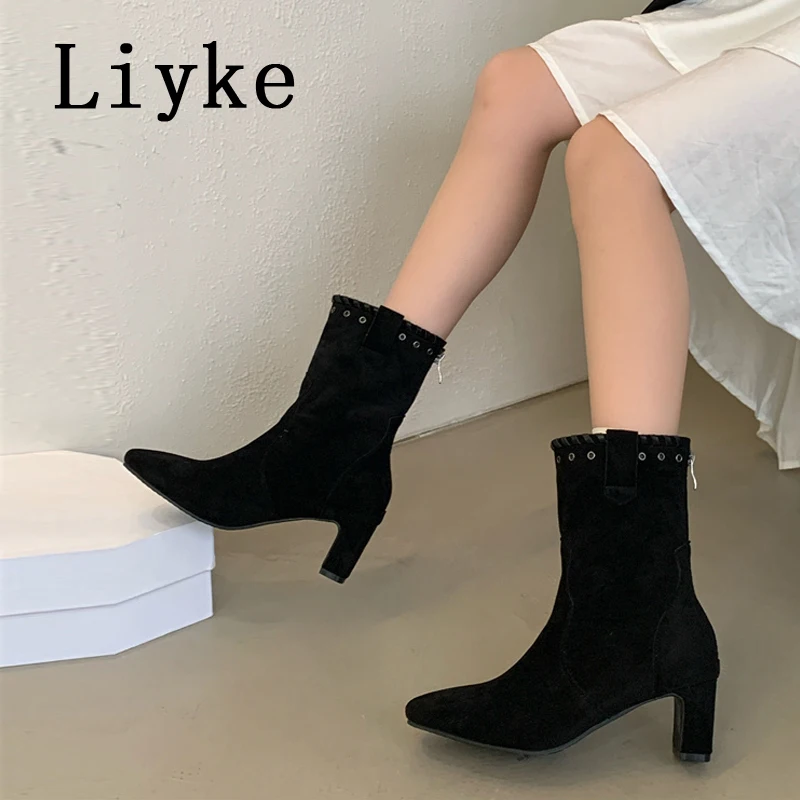 

Liyke Chelsea Женские ботильоны Модные дизайнерские короткие туфли с металлическим кругом и квадратным носком на молнии Осенне-зимние ботильоны на каблуке