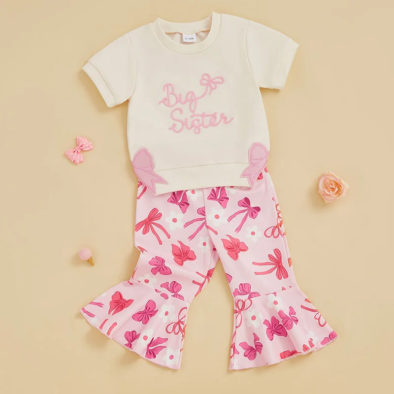 

Комплекты одежды Tregren для маленьких девочек из 2 предметов, топы с короткими рукавами и бантом с буквенным принтом, расклешенные штаны с эластичной резинкой на талии, модная одежда для младенцев