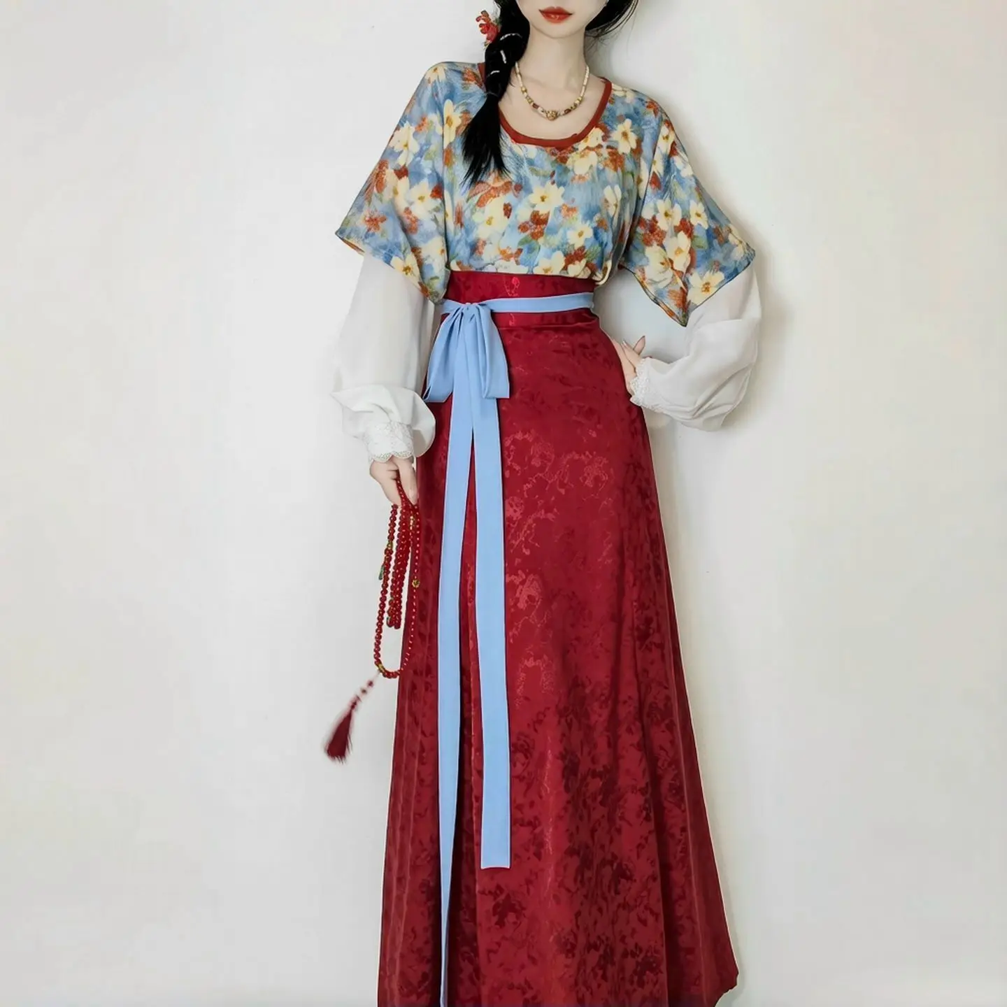 Women Original Tang Dynasty Hanfu Round Neck Beizi Jacket Wide Sleeve Top Pleated Skirt Set Casual Daily Wear