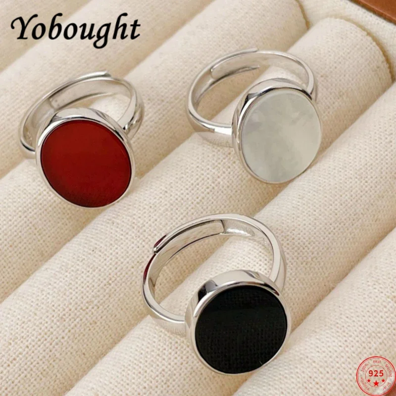 

S925 Sterling Silver Rings For Women Men New Fashion Oval Shaped Agate White Shell Punk Classic Simple Jewelry Christmas Gift