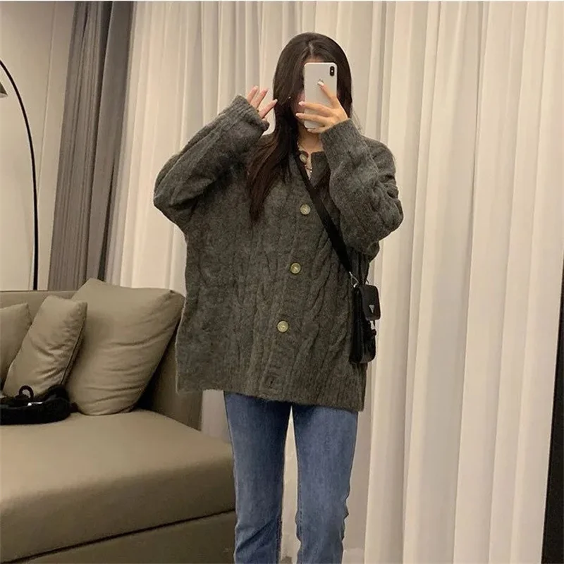 Women's 2026 New Autumn Winter Long Sleeved Knitting Cardigan Sweater Short Single-breasted Round Neck Leisure Solid Color Out