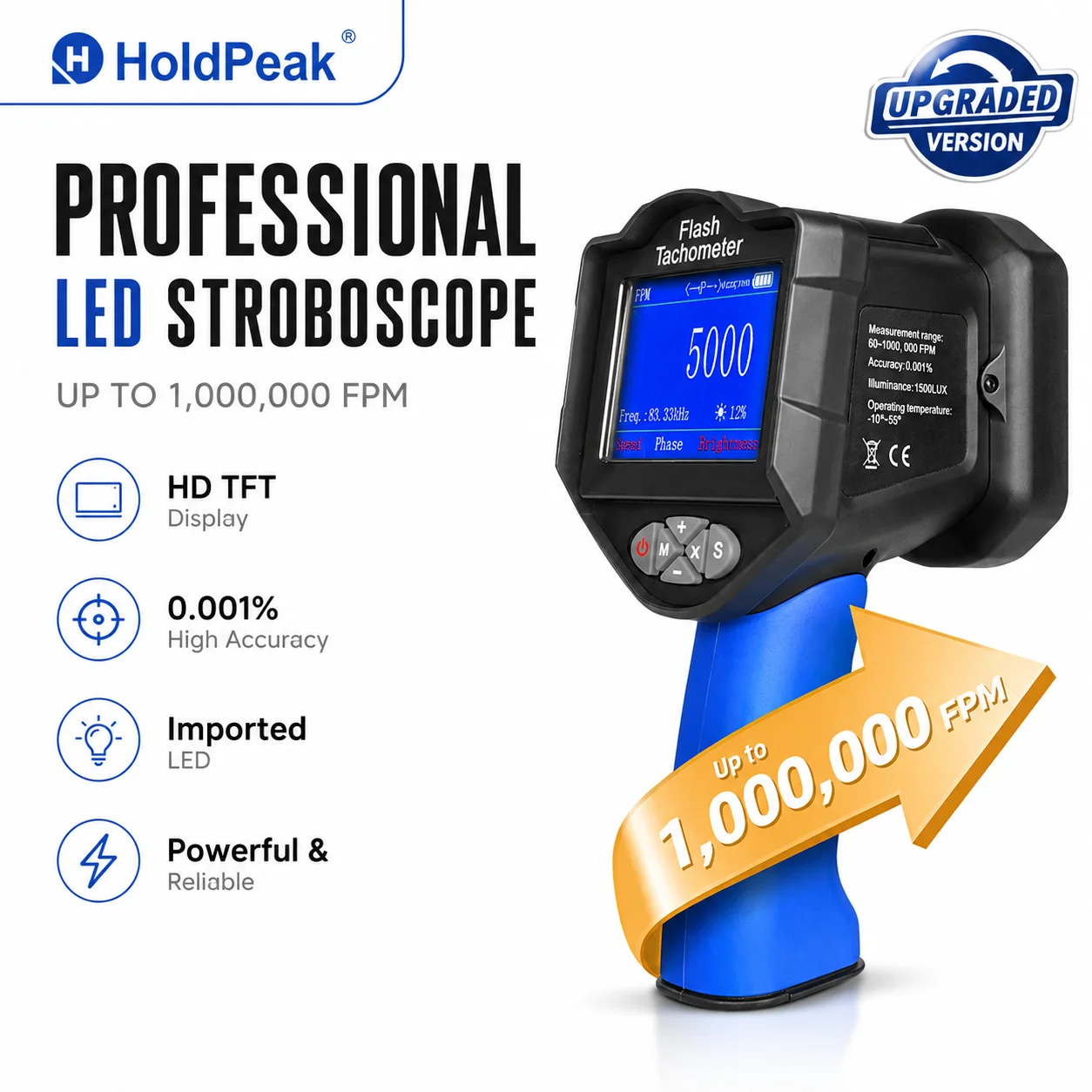 

LED Stroboscope 60–1,000,000 RPM Contactless Digital Tachometer with TFT Display, 16 LEDs, USB Rechargeable, for Motor, Fan