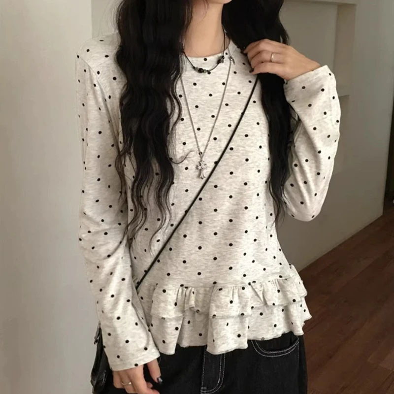 New Women Polka Dot Round Neck Ruffle Trim Long Sleeve T Shirt Playful Ballet Style Loose Elegant Casual Versatile Basic Tops
