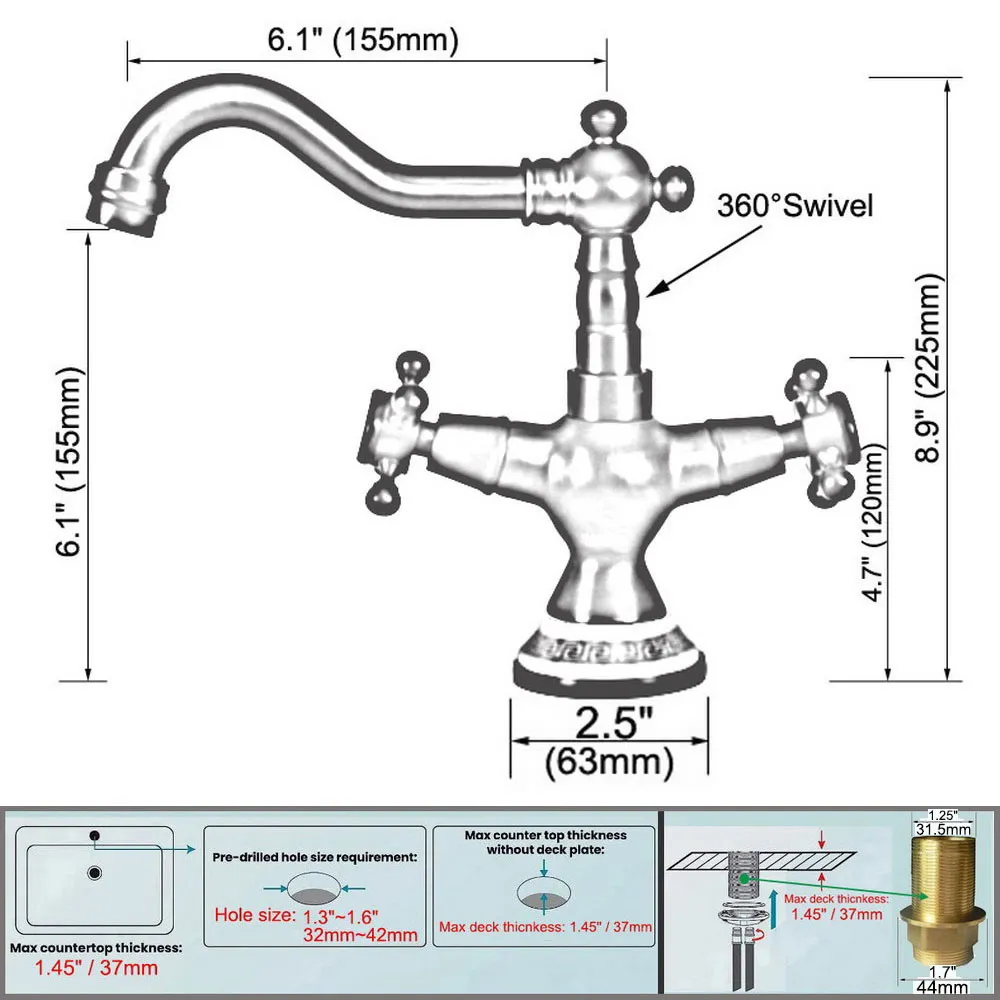 Antique Brass Dual Cross Handles Kitchen Wet Bar Bathroom Vessel Sink Faucet Single Hole Swivel Spout Mixer Tap anf604