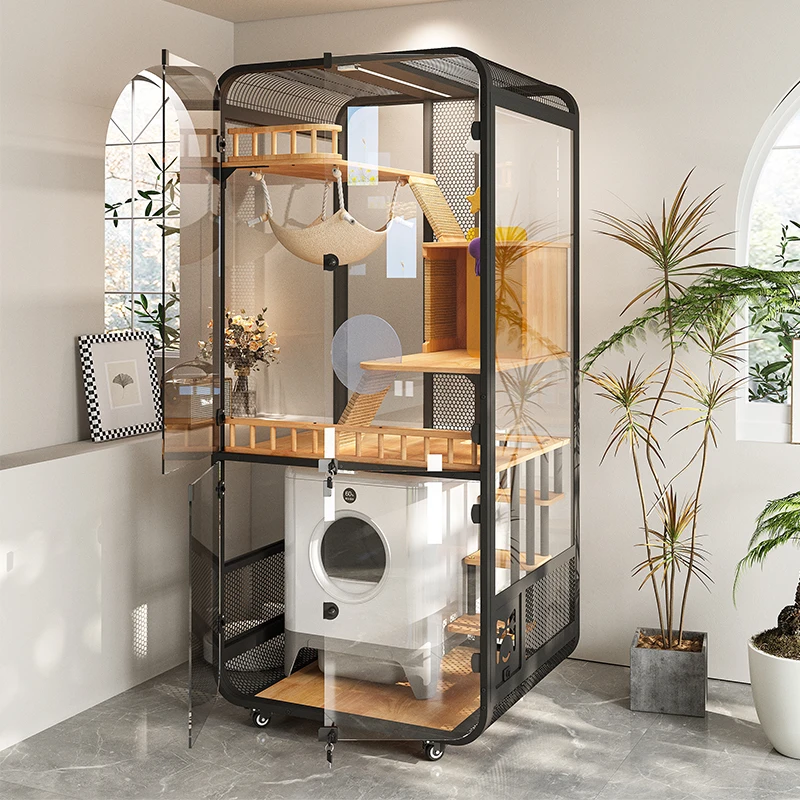 

Cat villa solid wood panoramic glass luxury large space cabinet cage can be placed smart toilet three-story nest house home