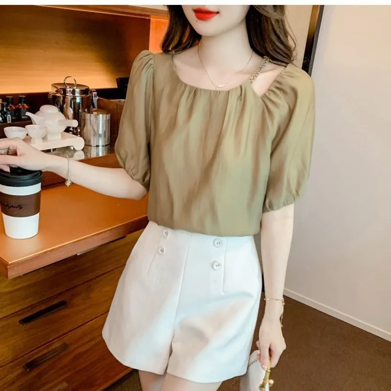 French Style Chic Puff Sleeve Chiffon Blouses 2024 Summer New Women\'s Solid Hollow Out Ruched Loose Commute Crew Neck Shirt Tops