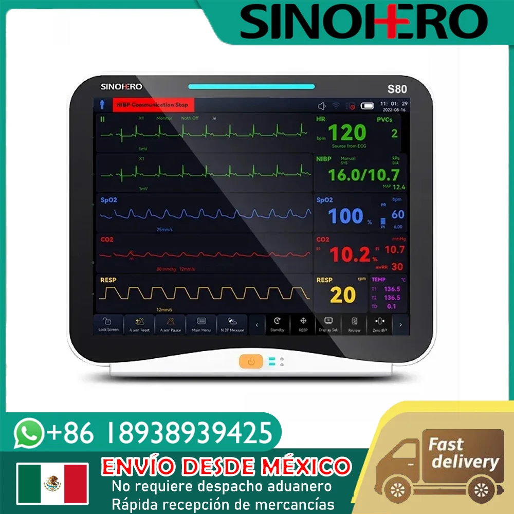 Мультипараметрический монитор пациента 10,1 дюйма с сенсорным экраном, ЭКГ, RESP, NIBP, SpO2 и двухканальными жизненно важными показателями температуры