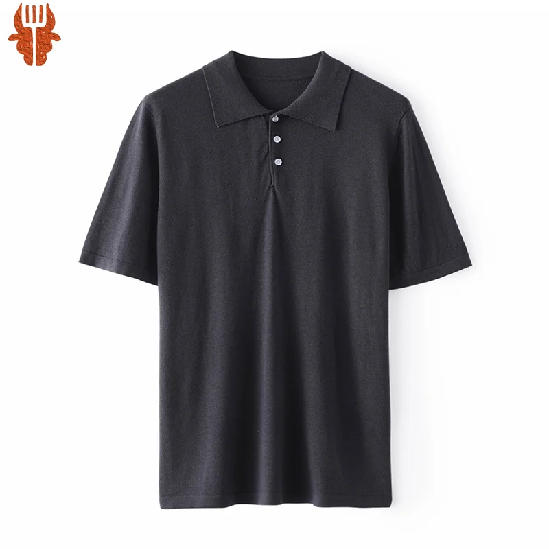 

2023 Spring Men's New Polo Neck Short Sleeve Knitted T-shirt 100% Merino Refined Wool Pullover Sweater Top MV-9528