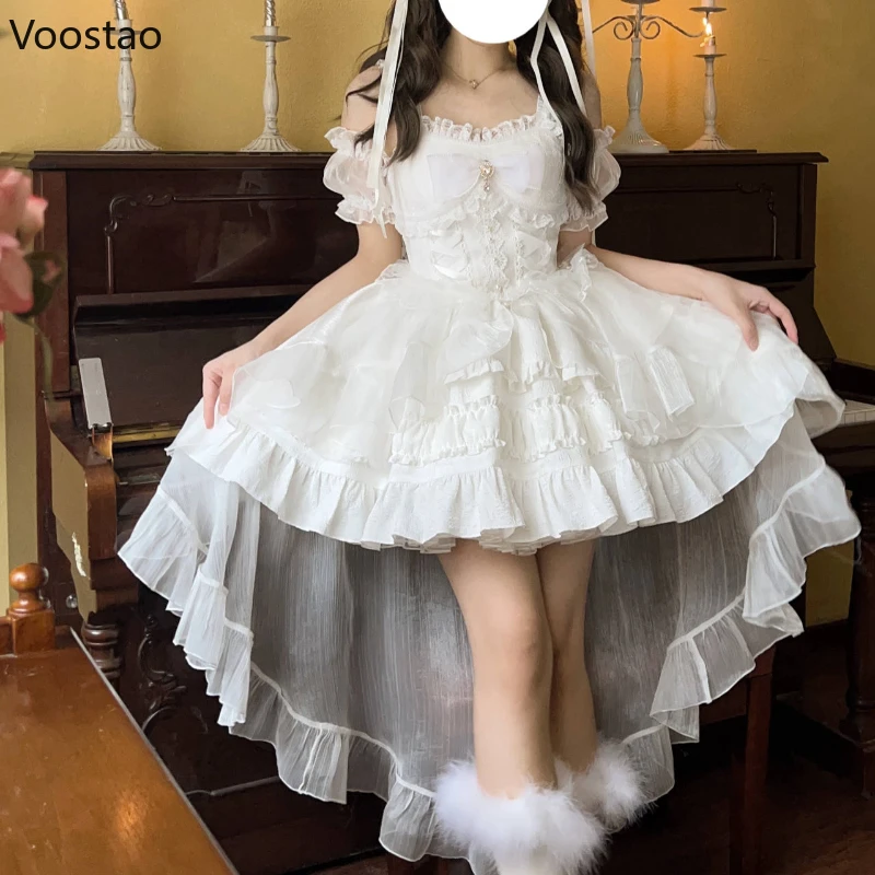 Japanese Kawaii Lolita Jsk Dress Women Sweet Cute Bow Flower Wedding Party Mini Dresses Gothic Y2k Sleeveless Princess Dresses