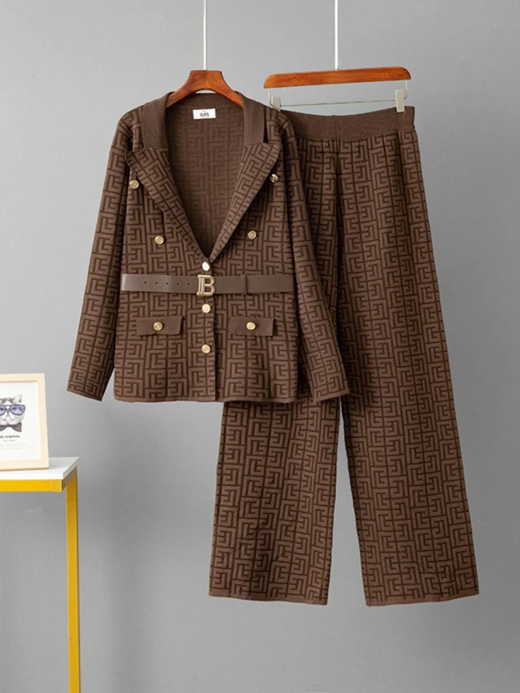 النساء مكتب مجموعات دعوى طوق سترة موضة 2 قطعة مجموعة الخريف الشتاء حزام ضيق الخصر سترة التخسيس محبوك بنطال ذو قصة أرجل واسعة