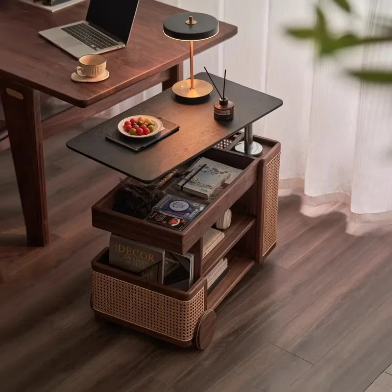 

Solid wood lifting coffee table movable trolley bus side few black walnut home rotating living room sofa side cabinet
