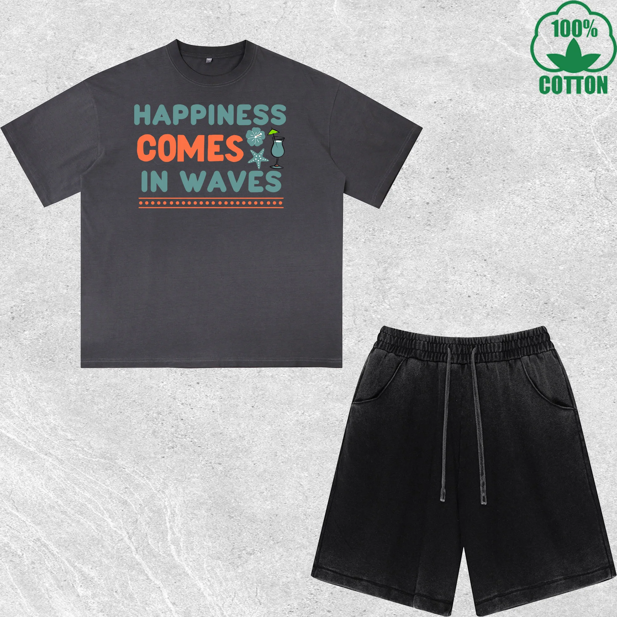 

Happiness Comes In Waves Printed Dirty Wash T-Shirt Shorts Set Combo Loose Trendy Fashionable 100%Cotton Black Suit
