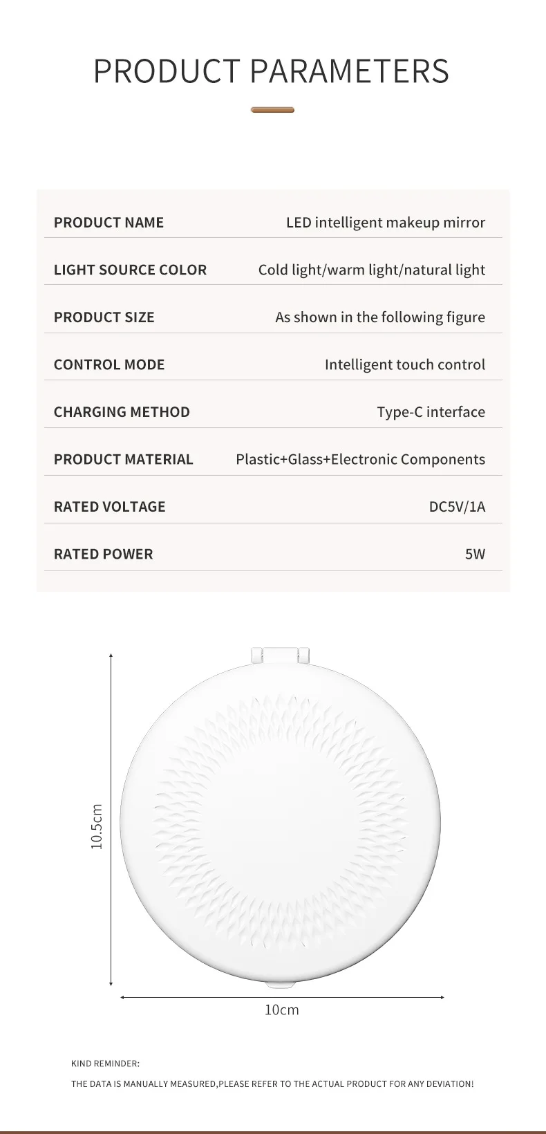 Easy to carry LED makeup mirror mini mirror charging model three-color light adjustable