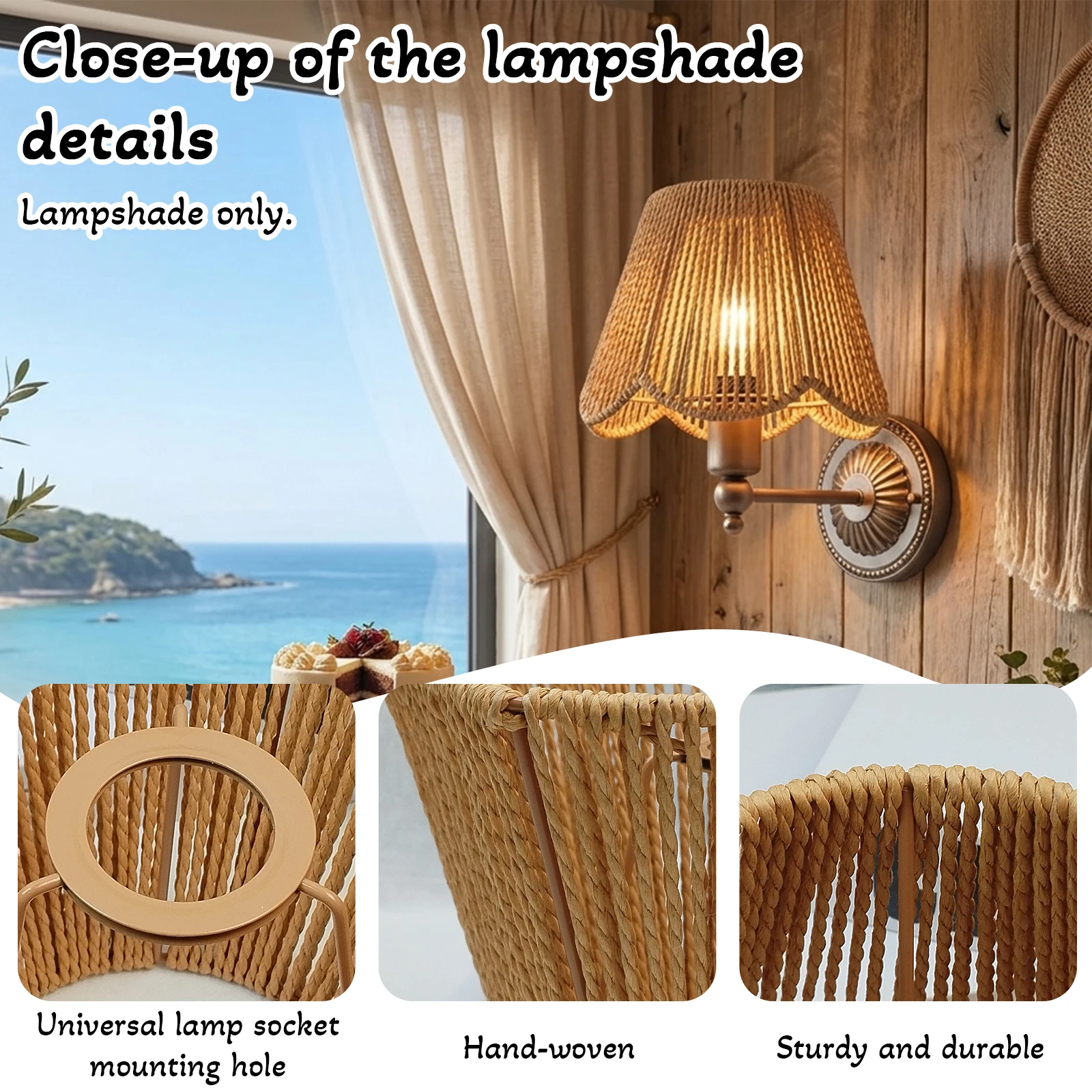 Woven Rope Lamp Shade, Scalloped Wavy Conical Cover, Boho Coastal Decor for Bedroom