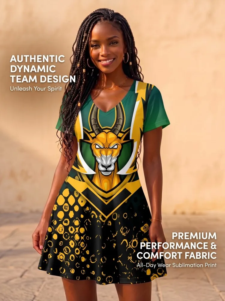 Südafrika Springbok Damen V-Ausschnitt Kleid Kurzarm Rugby Fan Grafik Mini-Kleid Lässiges Sommer Team Spirit Sommerkleid Outfit
