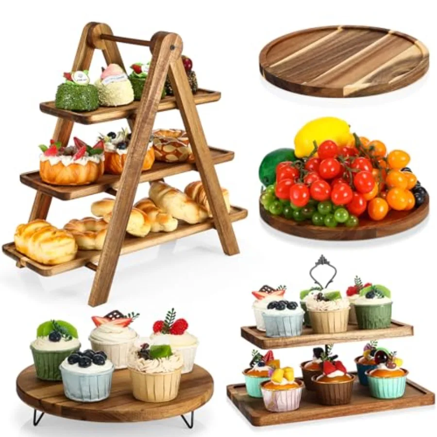 

5 Pcs Wooden Dessert Table Display Set, Farmhouse 2 Tier Cupcake Stand 3 Tier Wood Cake Tower Round Serving Tray Food Platter fo