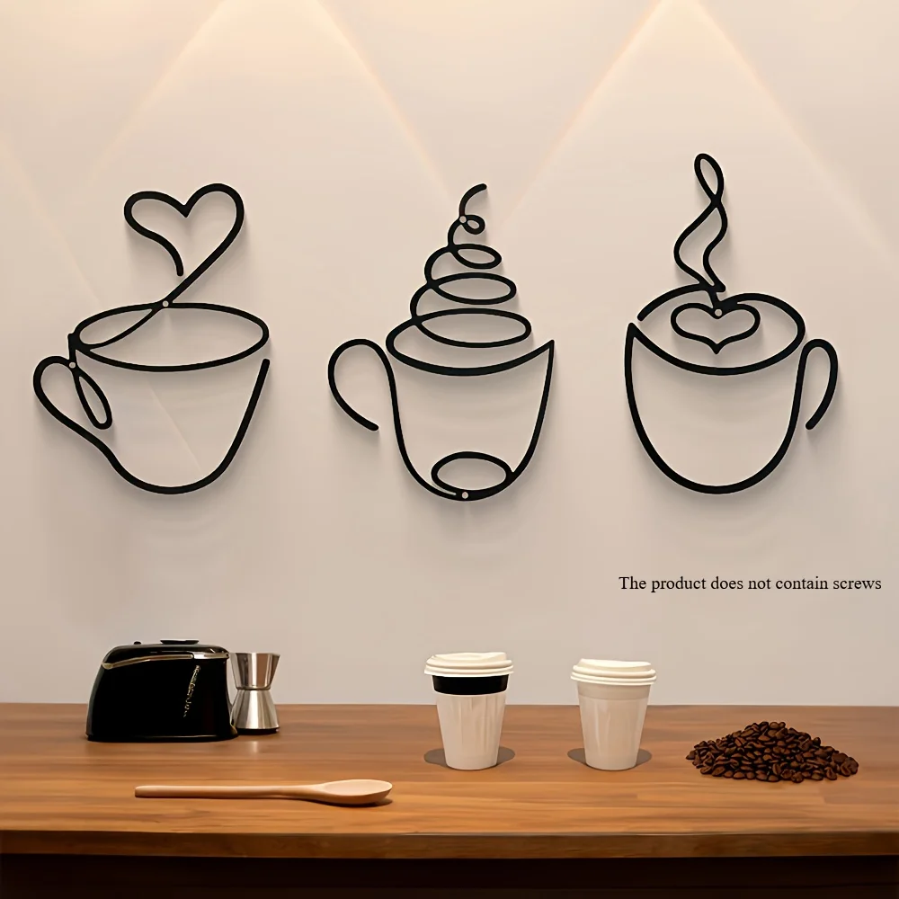 3 Pieces of Randomly Assorted Styles 2D Flat Creative Coffee Wall Hangings, Cafe Decorations, Home Iron Art Crafts, Indoor Wall Decoration, Wall-Mounted Iron Art Paintings, Milk Tea Shop, Restaurant Background, Wall-Mounted High-End Iron Art Paintings