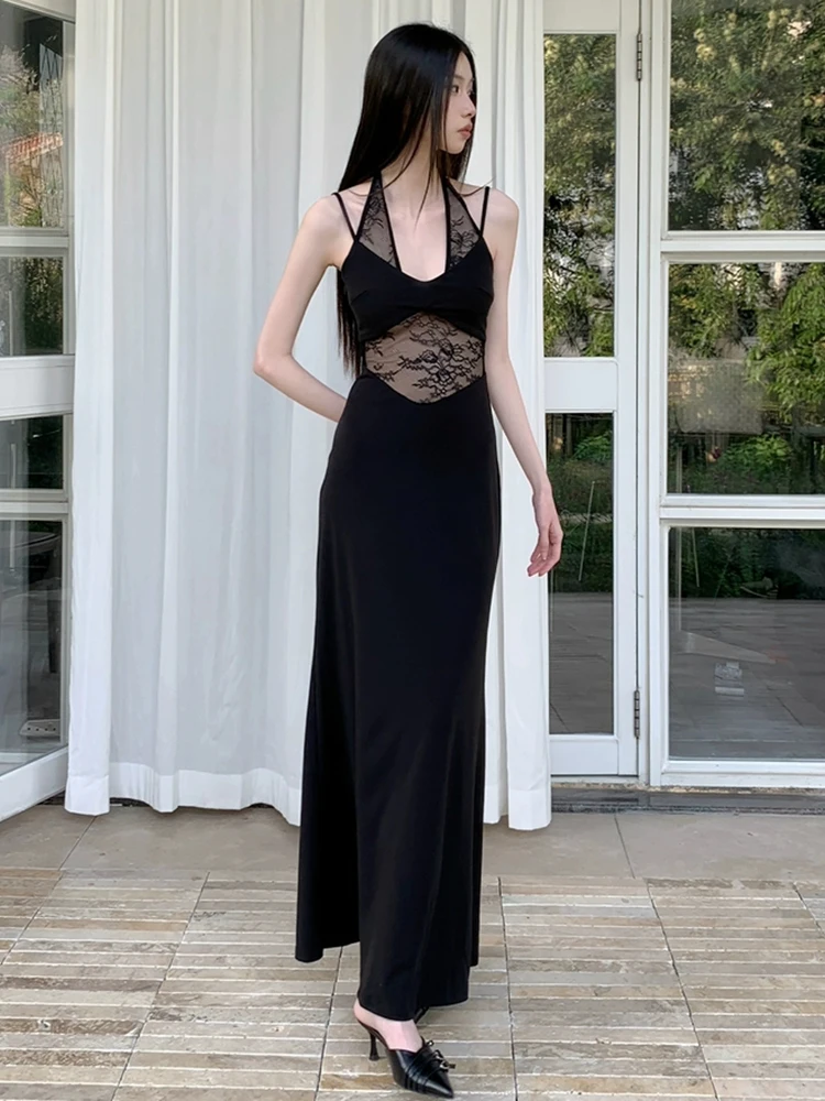 RORORIRI 쉬어 레이스 스티치 홀터 캐미솔 드레스 여성 백리스 솔리드 슬림 스트레치 Bodycon 인어 롱 드레스 섹시한 복고풍 옷