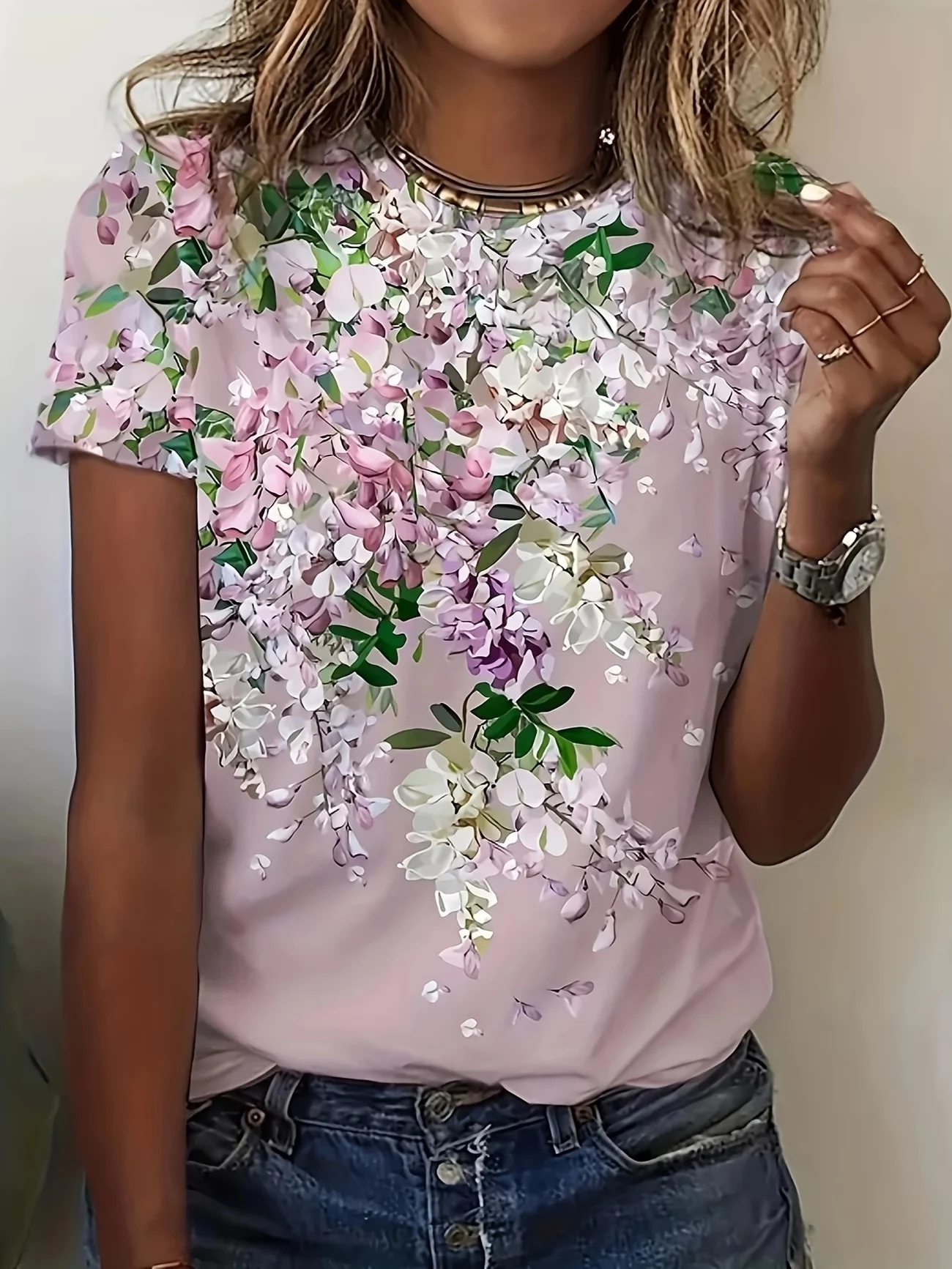 Cascading wisteria floral print in soft pink & lavender—romantic, dreamy style. Pair with jeans for a delicate, eye-catching cas