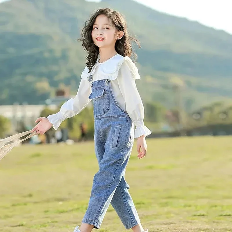 Korean Style Girls\' Fashionable Denim Overalls Children\'s Casual Loose Denim Trousers Retro All-match Baby Girl Denim Overalls