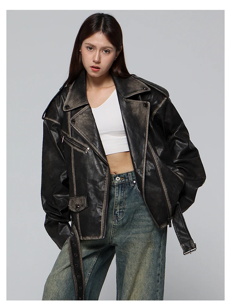 Mauroicardi Spring Cool Handsome Vintage Distressed Black Pu Leather Biker Jacket Men Belt Zipper Loose Unisex Clothes 2024 18 S552fddf1c6d04db48aab6e6c50b1e1419