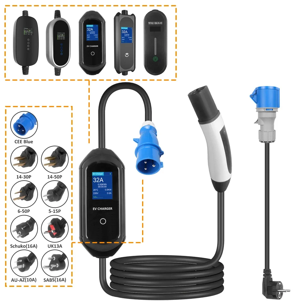 ST-E207T TESLA Electric Vehicle Charger with CEE Plug 16FT Cable 32 Amps Max Adjustable Current Charging Station