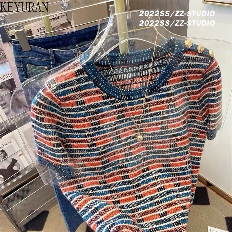 2023 New Summer Striped Short-sleeved Sweater Women's Knitted T Shirts Ins Korean Style Crew Neck Knitwear Top Female