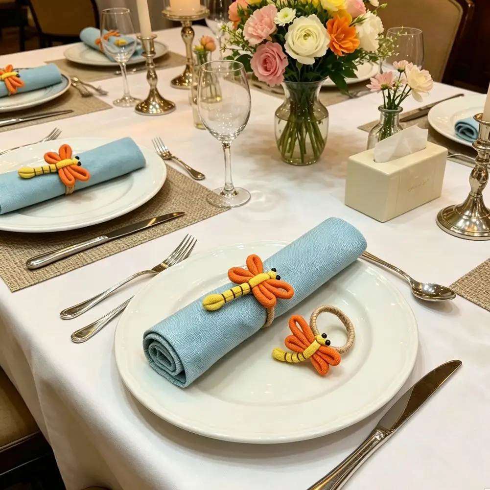 Family Dinner Table Settings Dragonfly Napkin Rings Set Handmade Rustic Farmhouse Napkin Holders Reusable Dining Table for Home