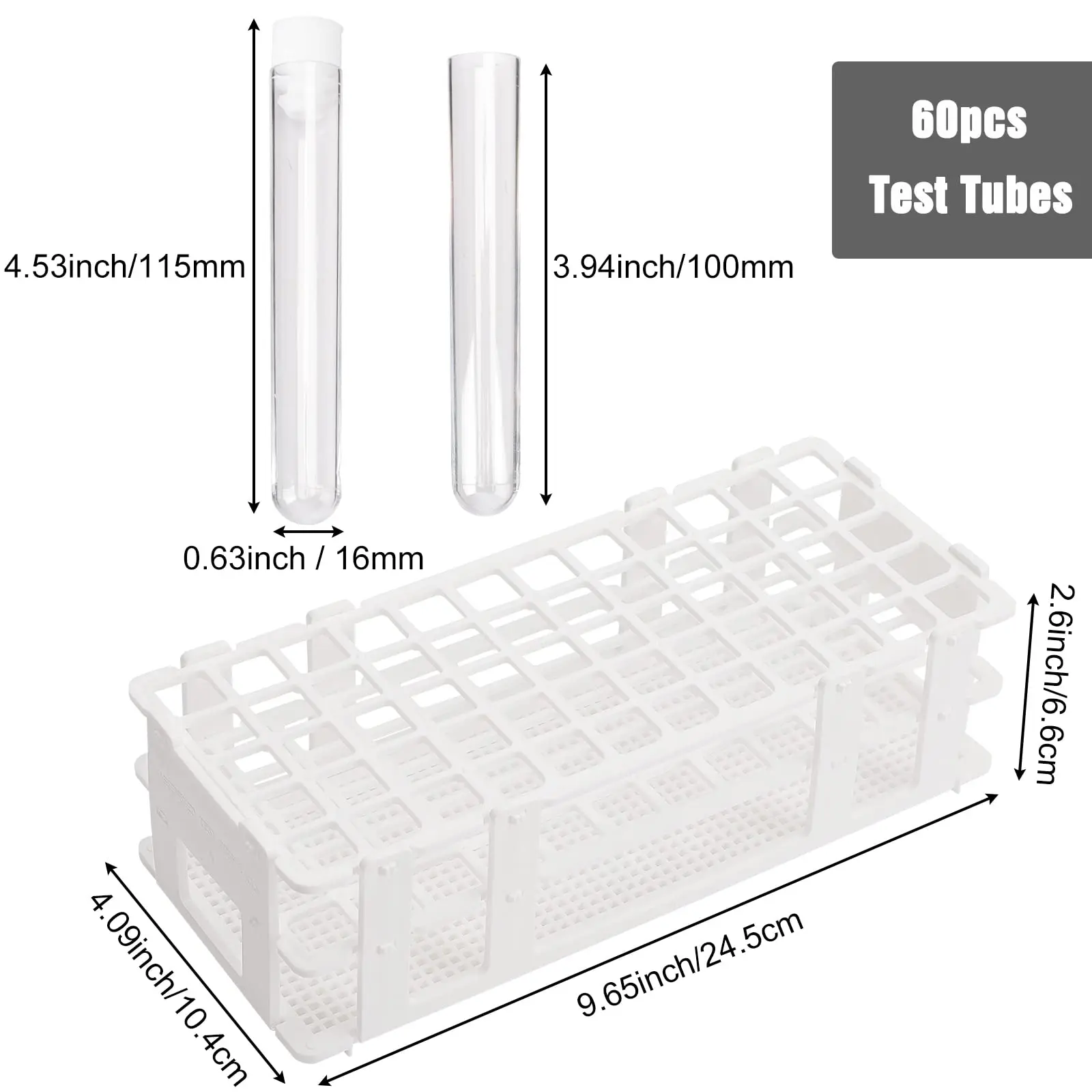 Tubos de teste plásticos transparentes com tampas e 1 rack, suporte para experimentos científicos de laboratório, 13ml, 60pcs