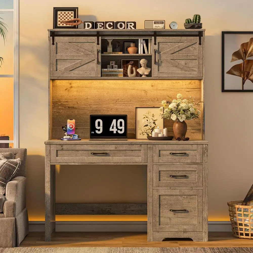 

67 Grey Executive Desk with Hutch, LED Light, 4 Drawers, Charging Station, Storage Cabinet for Workstation or Home Office