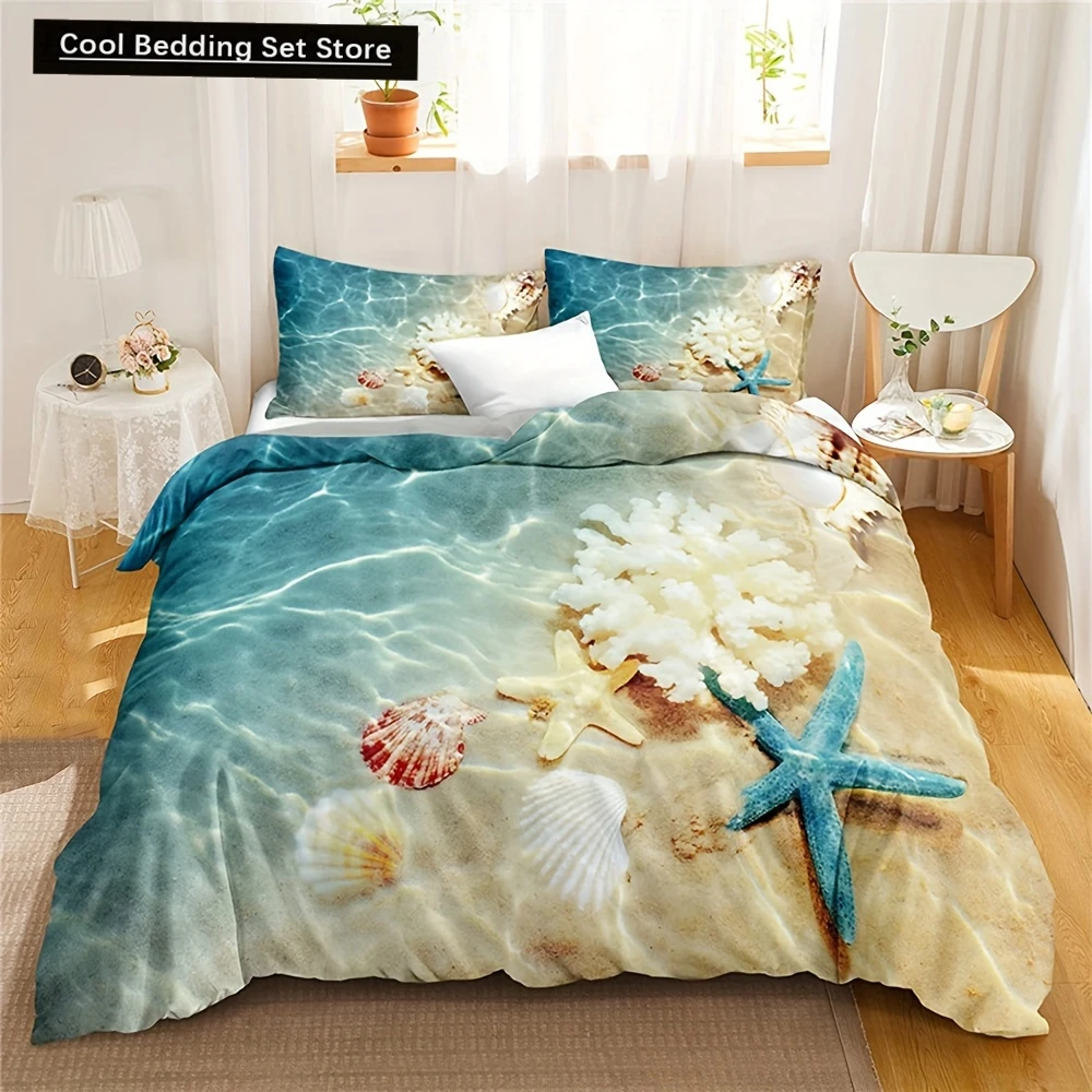 

2/3pc Hypoallergenic Ocean Beach Duvet Cover Set Nautical Themed Soft Bedding for Serene Sleep Perfect for Bedrooms Dorm Rooms