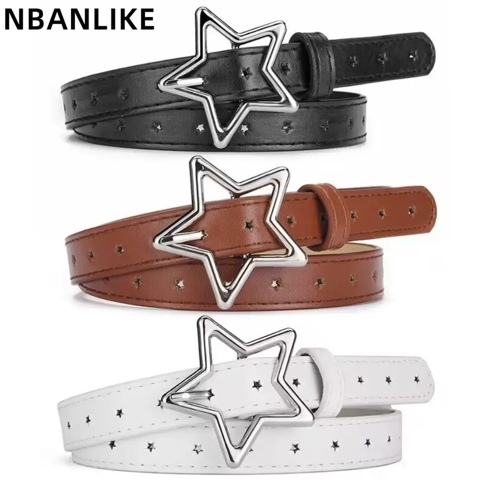 

Korean Spicy Girl Pink PU Leather Thin Belt Metal Fashion Buckle Five-point Star Waistband Women Y2K Versatile Decoration