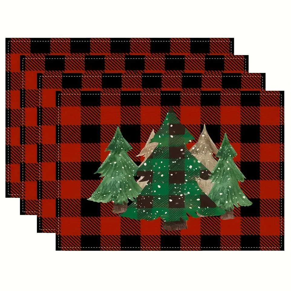 4/6/8pc Red Black Buffalo Plaid Christmas Tree Linen Placemats Farmhouse Holiday Kitchen Dining Table Decor Washable Heat Resist
